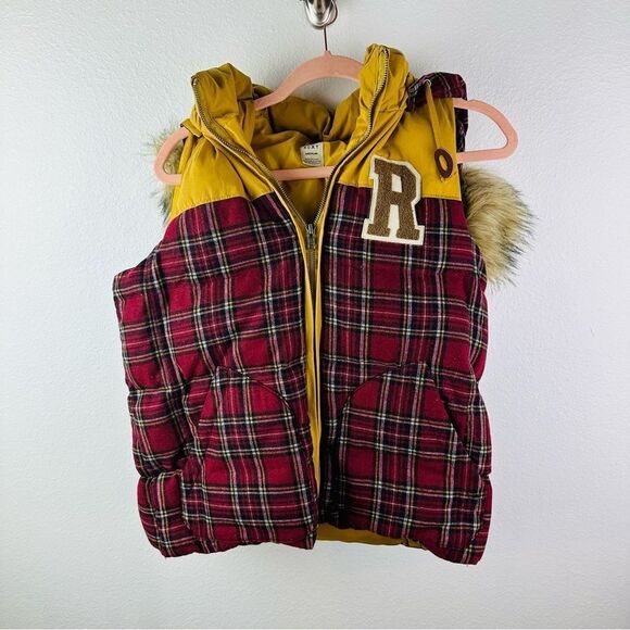 Roxy Red Plaid Down Wool Blend Faux Fur Trim Hooded Puffer Vest Size M - Picture 1 of 4